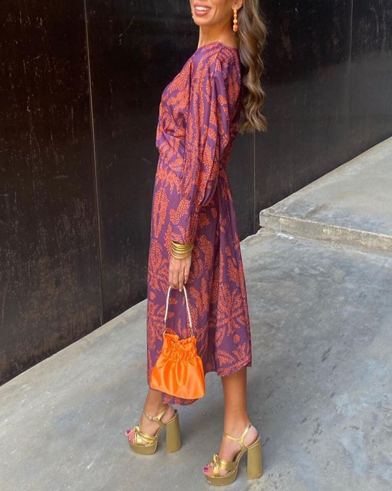 Kimberly | Boho Chic V-Neck Maxi Dress in Blue with Rust Floral Print – Long Sleeve, Elegant Waist Knot Design