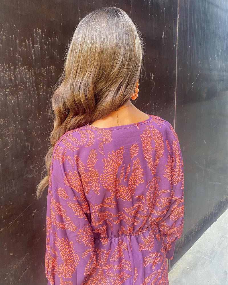 Kimberly | Boho Chic V-Neck Maxi Dress in Blue with Rust Floral Print – Long Sleeve, Elegant Waist Knot Design