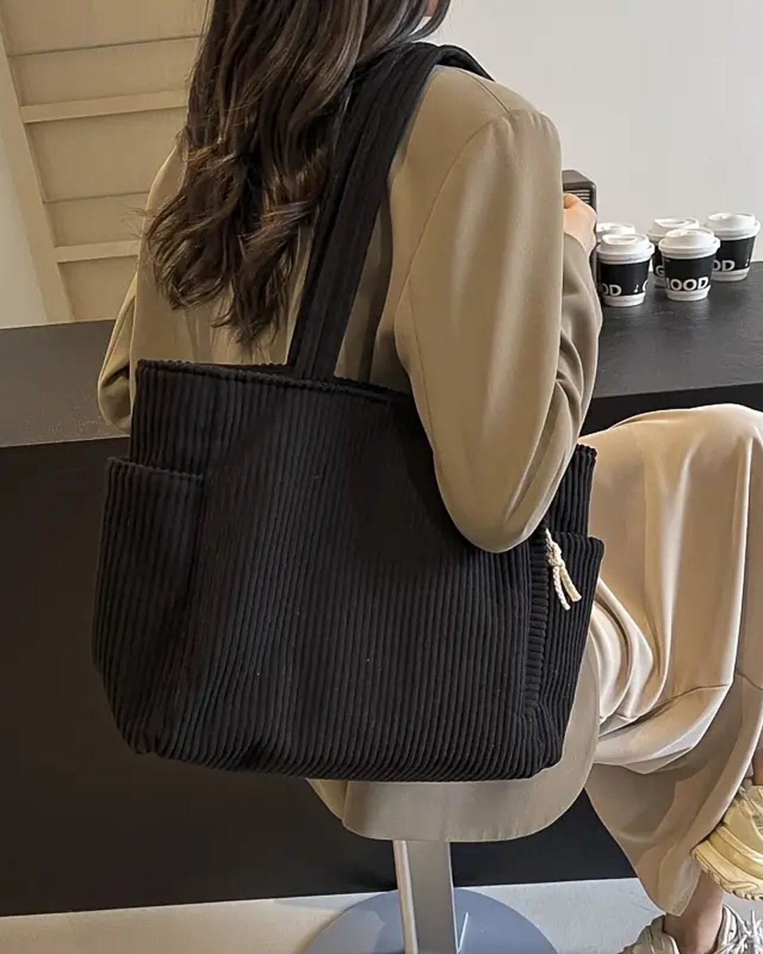 Gwen | Ribbed Tote Bag with Cord Detail